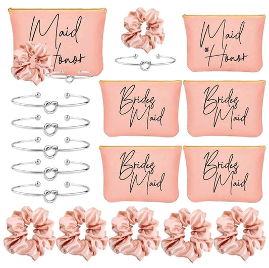 15 Pcs Bridesmaid Proposal Gifts Bridal Shower Gifts, 5 Pcs Cosmetic Makeup Bags 5 Pcs Scrunchies Hair Knotted 5 Pcs Bracelets Favors For Wedding